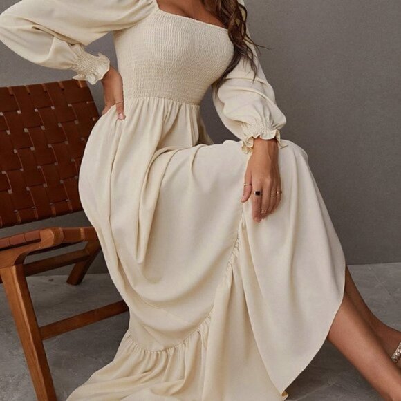 . Dresses & Skirts - Apricot Boho Womens Square Neck Shirred Ruffle Hem Dress